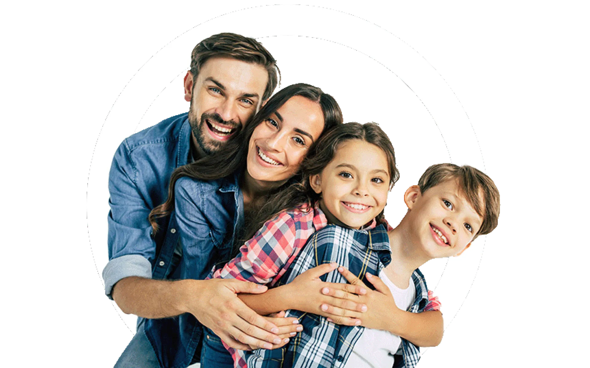 Power in big family Dad and mommy hugging them beautiful kids and looking on the camera 251530595